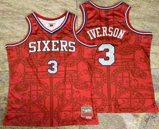 Men%27s Philadelphia 76ers #3 Allen Iverson Red Snakeskin Hardwood AU Throwback Jersey Mixiu